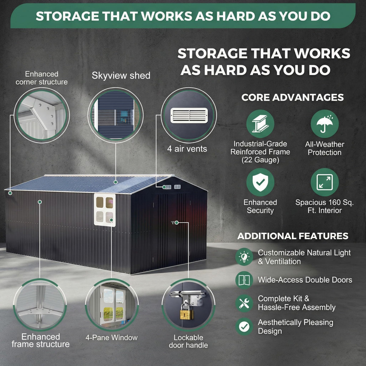 10x16 FT Metal Shed Heavy-Duty | Military-Grade 20-Gauge Reinforced Frame with Powder Coating | 50 PSF Snow Load & 120 MPH Wind Rated | Garden Tool/Bike Skylight Large Building