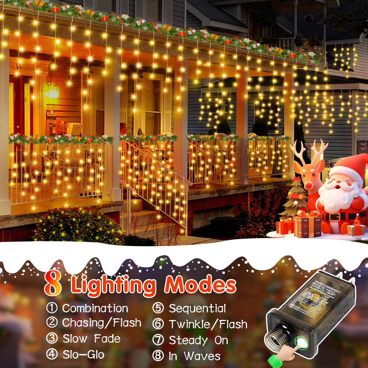 JREWDOIN 131FT Christmas Lights Outdoor 1440 LED Christmas Decorations Waterproof Plug in with 8 Modes & Timer Christmas Lights for Roof Party Garden Holiday Decor（Warm White）