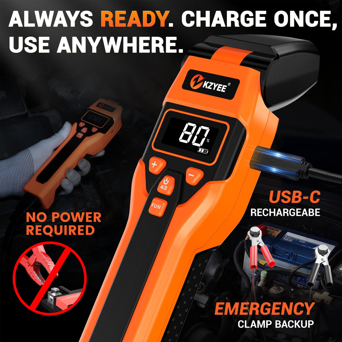 KZYEE KT80 Automotive Inductive Timing Light with Tachometer (RPM), Advance, Dwell Meter & 0-35V Voltage Test, 60° Adjustable LED Strobe, USB-C Rechargeable & 12V Backup, for Distributor Gas Engines