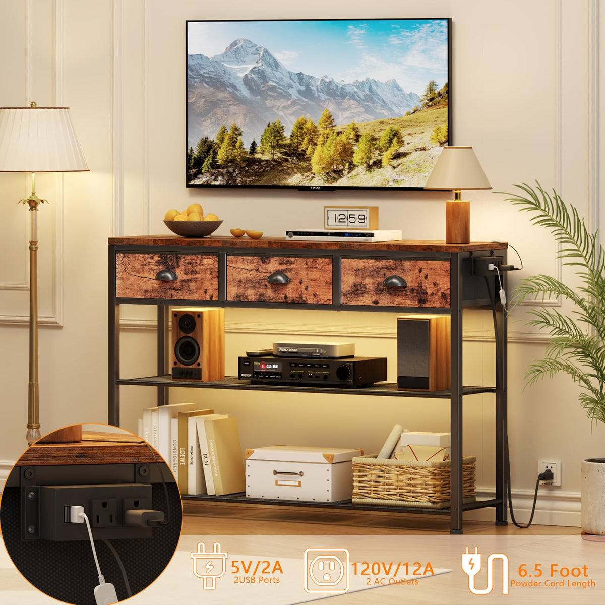 Furologee 5 Tier Bookshelf with Drawer & Console Table with Charging Station, 3 Drawers and LED Light