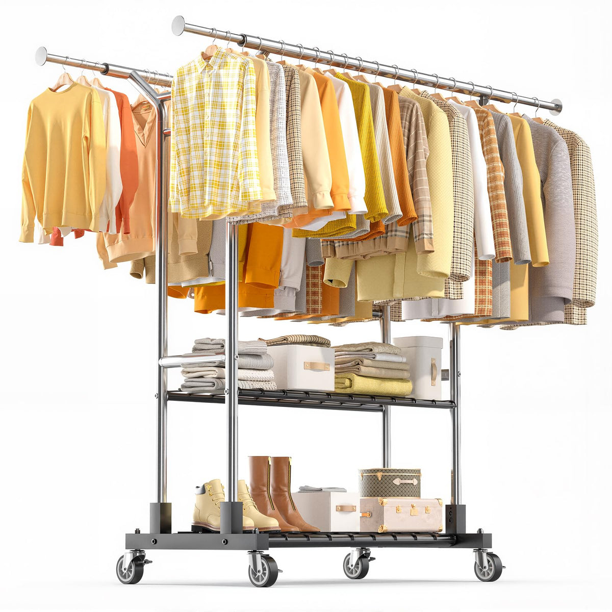 Luxspire Heavy Duty Clothes Rack Load 650 LBS, Double Rod Clothing Racks for Hanging Clothes, Rolling Garment Racks with Lockable Wheels, Shelves, Adjustable Laundry Hanging Rack, Silver
