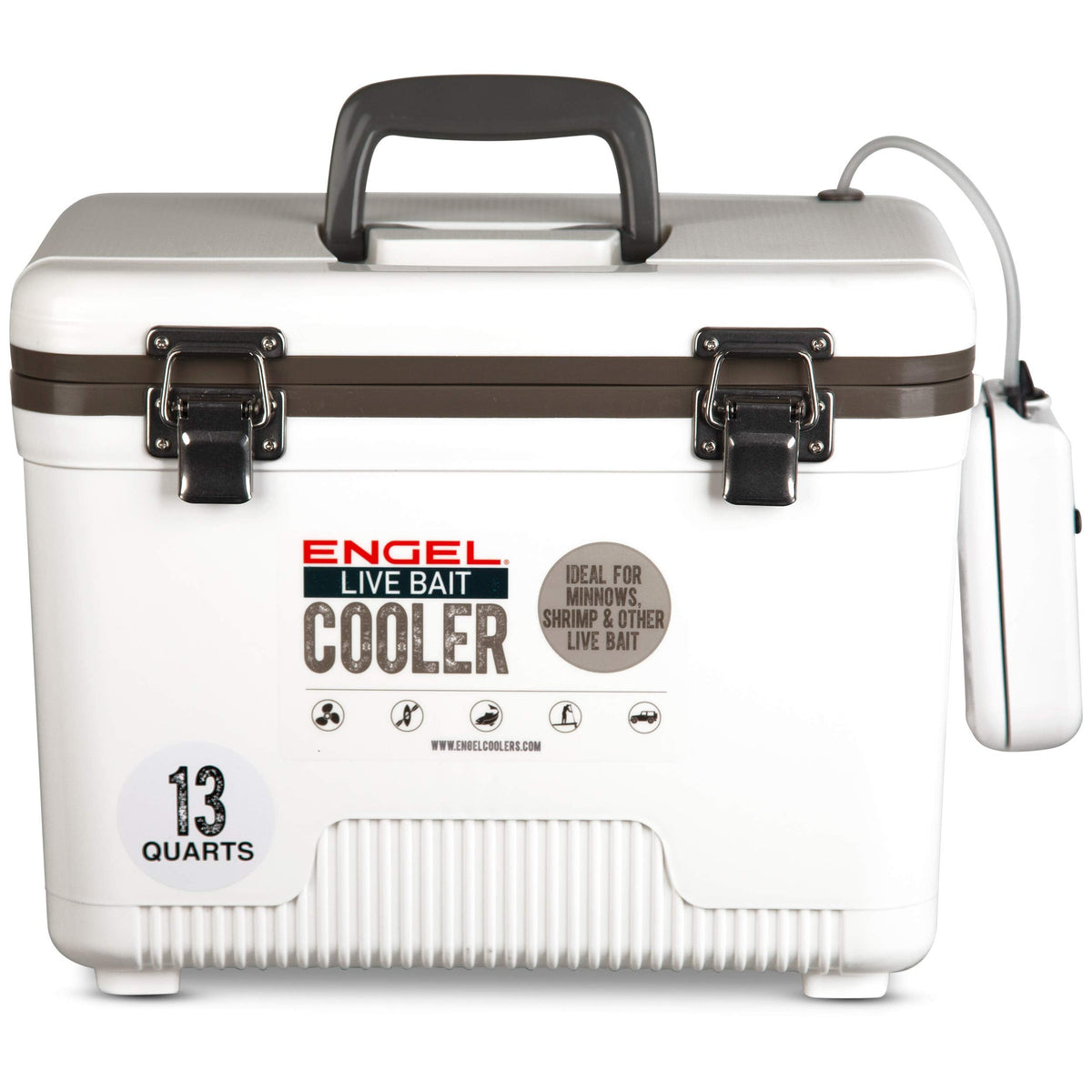 Engel 13qt Live Bait Cooler Box with 2nd Gen 2-Speed Aerator Pump - Portable Fishing Station & Minnow Bucket for Shrimp & Other Live Fish with Aerator - ENGLBC13-N in White