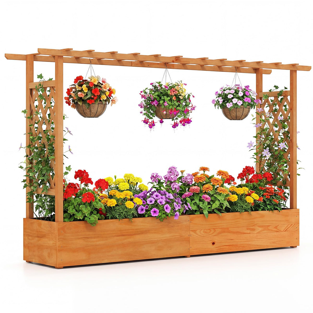 Giantex Raised Garden Bed with Trellis & Hanging Roof, Wood Planter Box with Bottom and Drainage Holes, Freestanding Garden Planter for Flower Vegetable Fruit Herb Climbing Vines (79" x 17.5" x 45")
