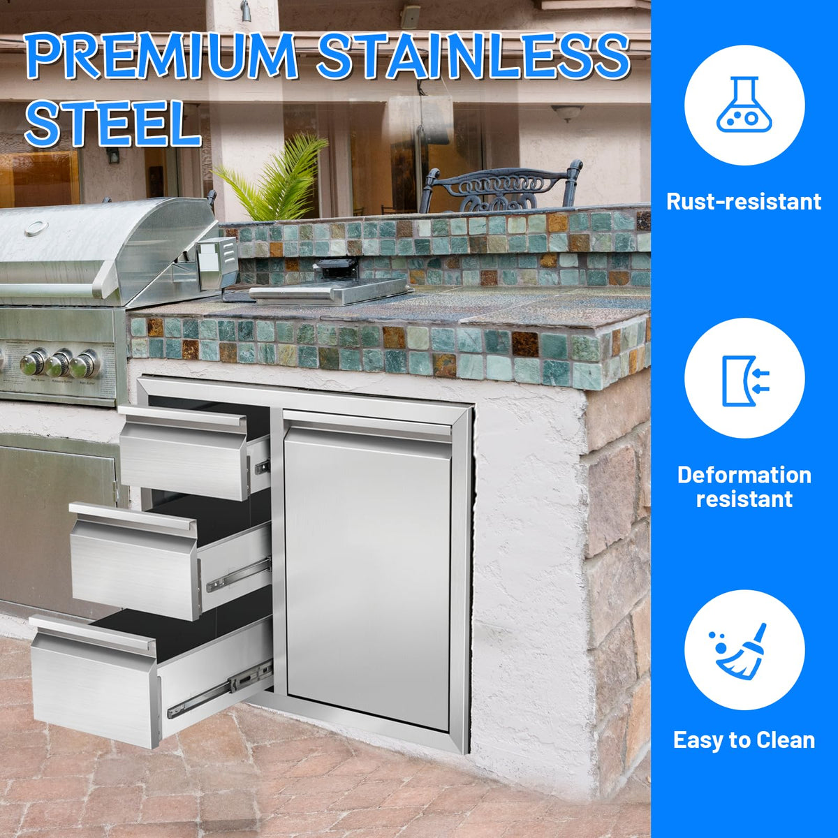 Duluciate Outdoor Kitchen Drawer Combo, Stainless Steel Triple Drawer Cabinet with Built-in Trash Bin Drawer & Two Trash Cans, 28" W x 22" H x 19.5" D Outdoor Kitchen Storage for BBQ Grill Islands
