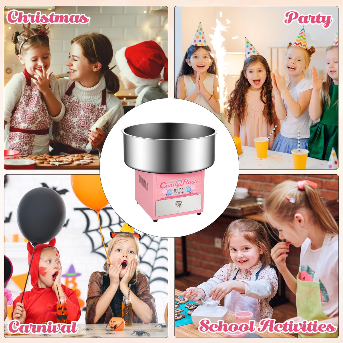 Garvee Electric Cotton Candy Maker Commercial, Cotton Candy Machine for Kids with 20 in Stainless Steel Bowl for Family, Party, Amusement Park, Carnival- Pink