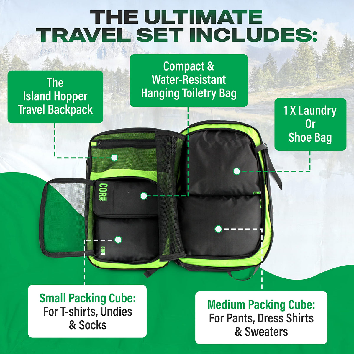 COR Surf Carry On Travel Backpack Bundle | Island Hopper Travel Backpack with Toiletry Bag and Compression Packing Cube Set (34L 2.0, Black with Green Zipper)