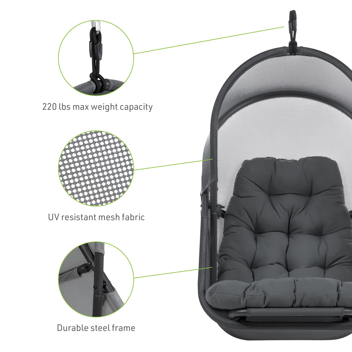 Greemotion Breeze Outdoor Foldable Mesh Fabric Hanging Chair Swing Hammock Egg Chairs UV Resistant with Base, 220 lbs Capacity for Patio Backyard, Balcony, Garden, Dark Gray