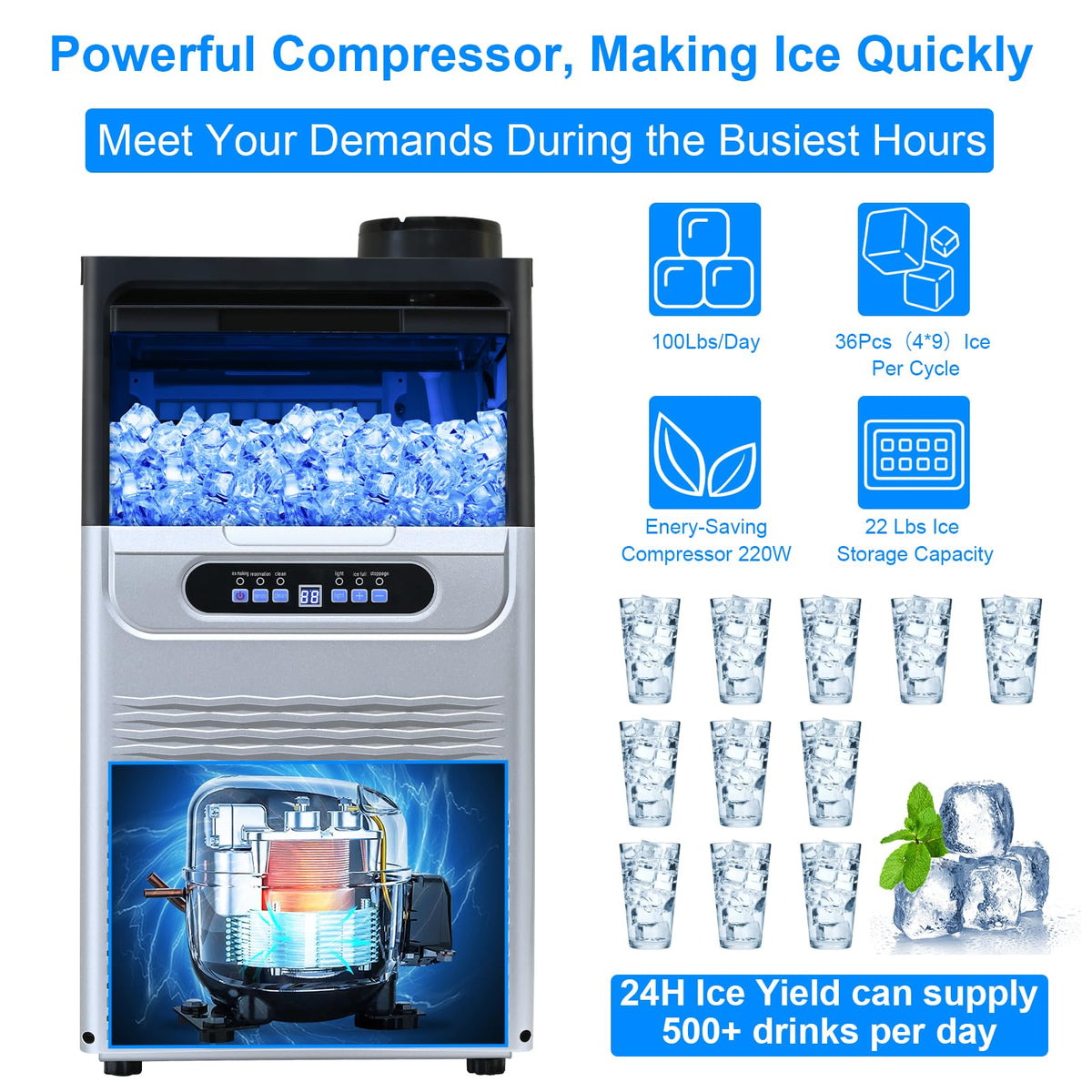 Amzgachfktch Commercial Ice Maker, 100lbs/24H Ice Maker Machine, 2 Water Inlet Modes, Ice Machine with 22lbs Storage, Auto Self-Cleaning, Under Counter/Freestanding Ice Maker for Home/Office/Shop/Bar