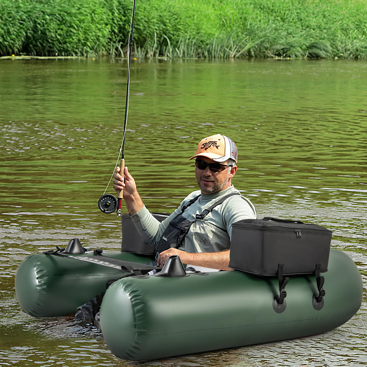 Goplus Inflatable Float Tube, Fishing Belly Boat with Fish Ruler, 2 Detachable Storage Bags, Pump, Carry Bag, PVC Fish Boat w/Reinforced Drop Stitch Core for Rivers Lakes Angling, 352LBS Load Capacity