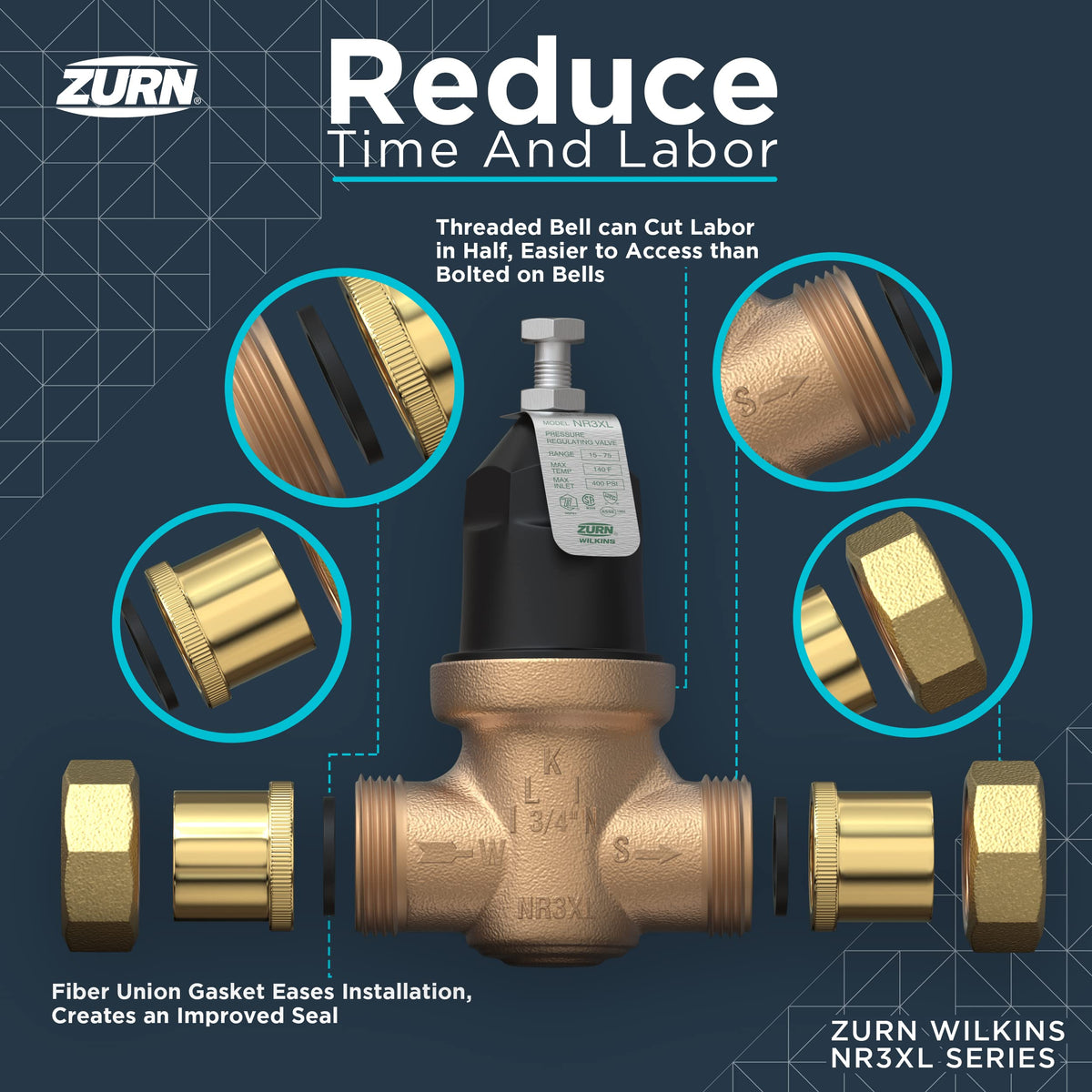 Zurn Wilkins 114-NR3XLDU 1-1/4" NR3XL Pressure Reducing Valve with Double Union FNPT Connection