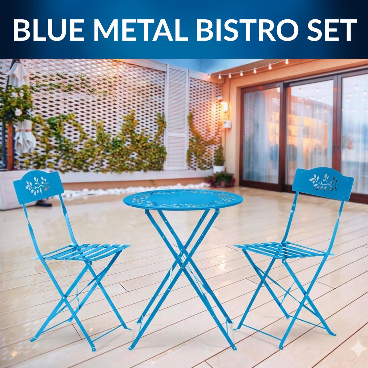 Alpine Corporation 3-Piece Bistro Set with Folding Table and 2 Chairs, Durable Steel Indoor/Outdoor Patio Furniture, Compact Seating, Blue
