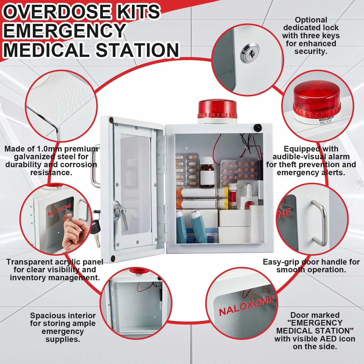 Zonon Naloxone Overdose Emergency Kit Cabinet with Alarm and Locking System 7.5 L x 3.5 W x 9 H First Aid Cabinet Wall Mount Metal Medical Box for Public Space Storage, White
