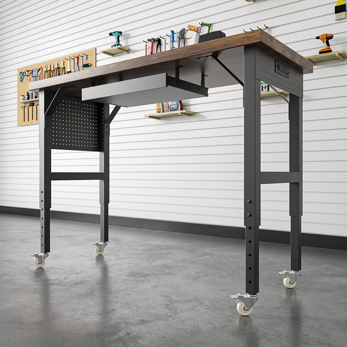 Heavy Duty Workbench Legs, 2000 LBS Load Metal Standing Desk Legs Height Adjustable 27.5“ to 40.5”, Features Lockable Wheels, Power Outlets, Pegboard and Drawers for Workshop, Office, Garage, Home
