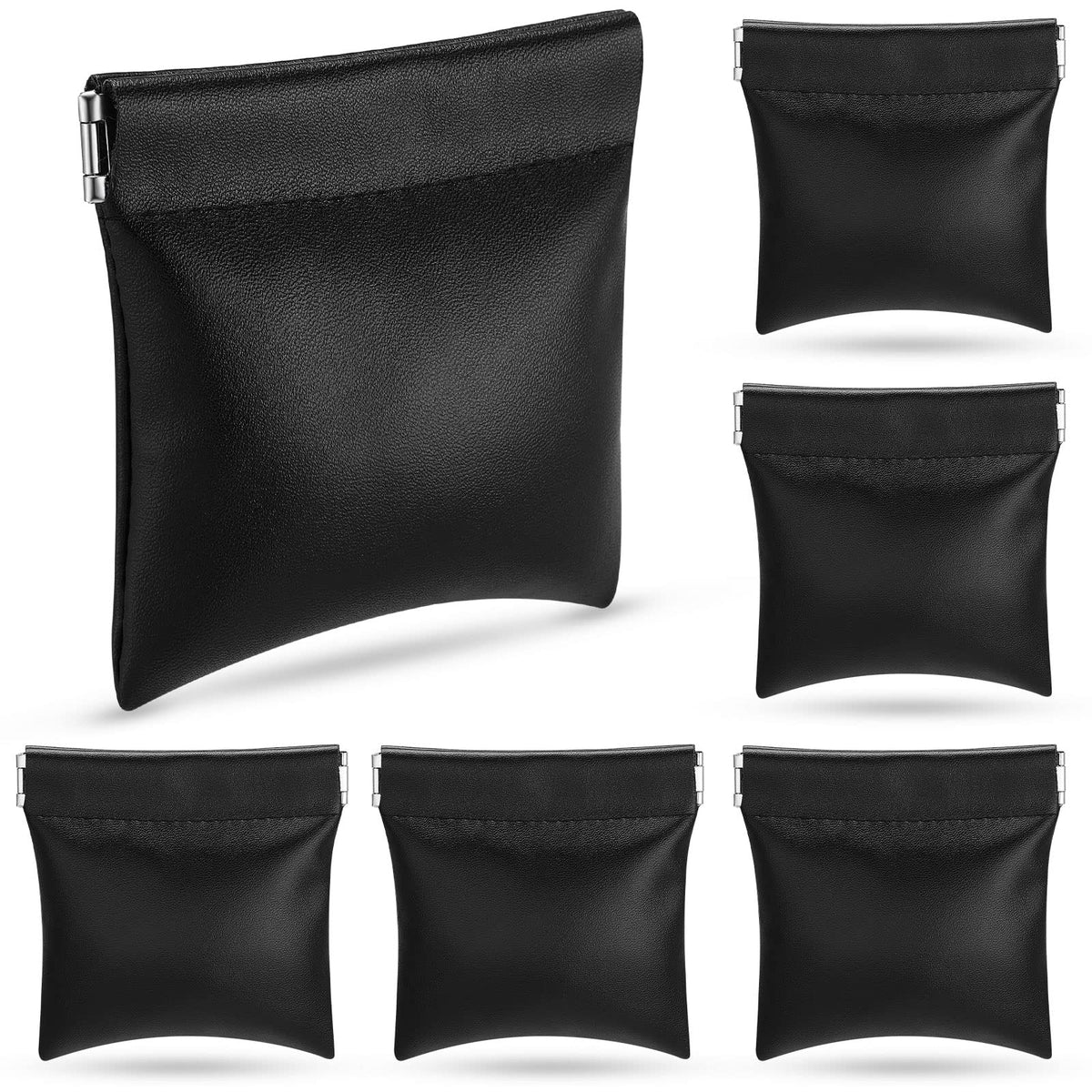 6 Pcs PU Squeeze Coin Purse, Black Pouch Change Holder, Waterproof Portable Small Makeup Bag Storage Travel for Cosmetics Headphones Jewelry for Women