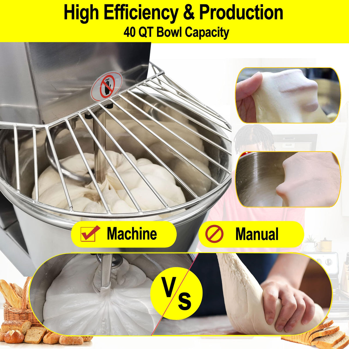 LGXEnzhuo 40L Commercial Dough Mixer with Dual Rotation and Double Speed, 1800W Electric Dough Kneading Machine - Stainless Steel, Spiral Hook, Emergency Stop, for Pizze and Bread
