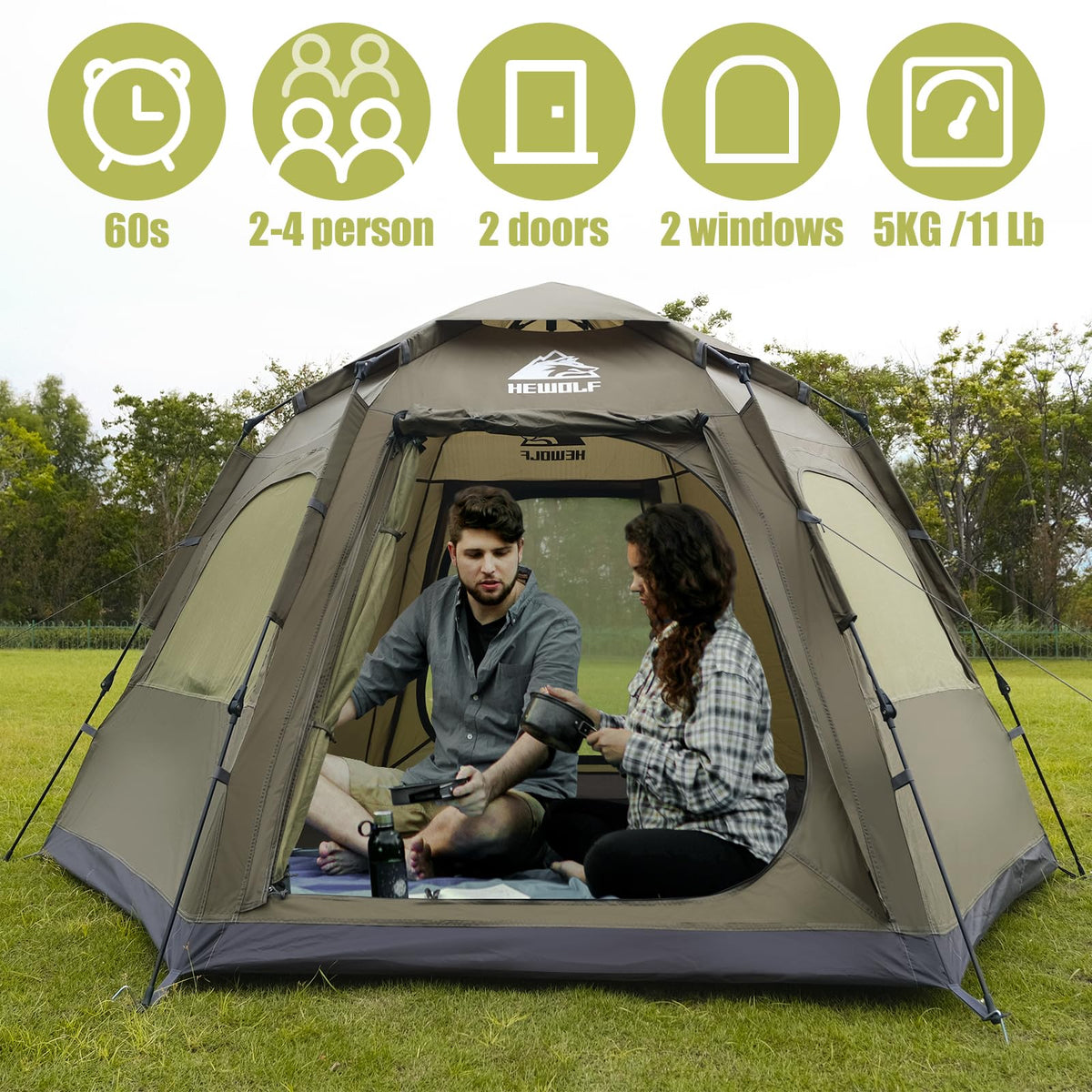 Hewolf 2/3/4 Person Camping Tent - Instant Pop Up Waterproof 2 Doors Tent with Easy Setup | 3-Season Hexagonal Dome Design for Family, Hiking & Traveling (Green)