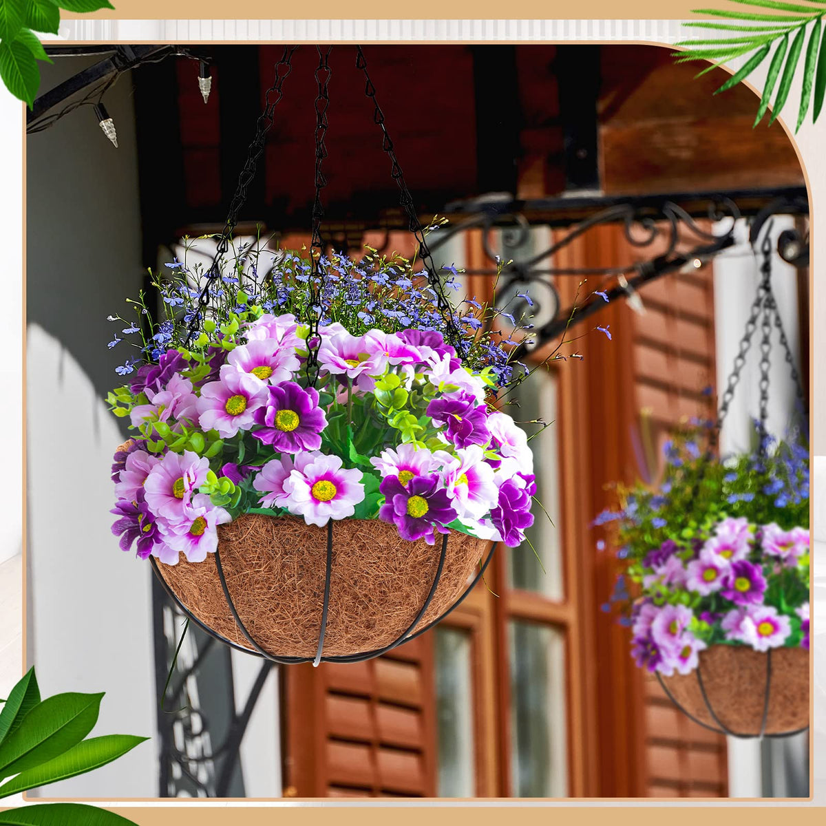Dandat 12 Pack Hanging Planter Basket Outdoor Large Hanging Flower Pots Indoor 10 inch with Coco Coir Liner Round Wire Plant Holder Chain Basket Garden for Home Decor Balcony Office