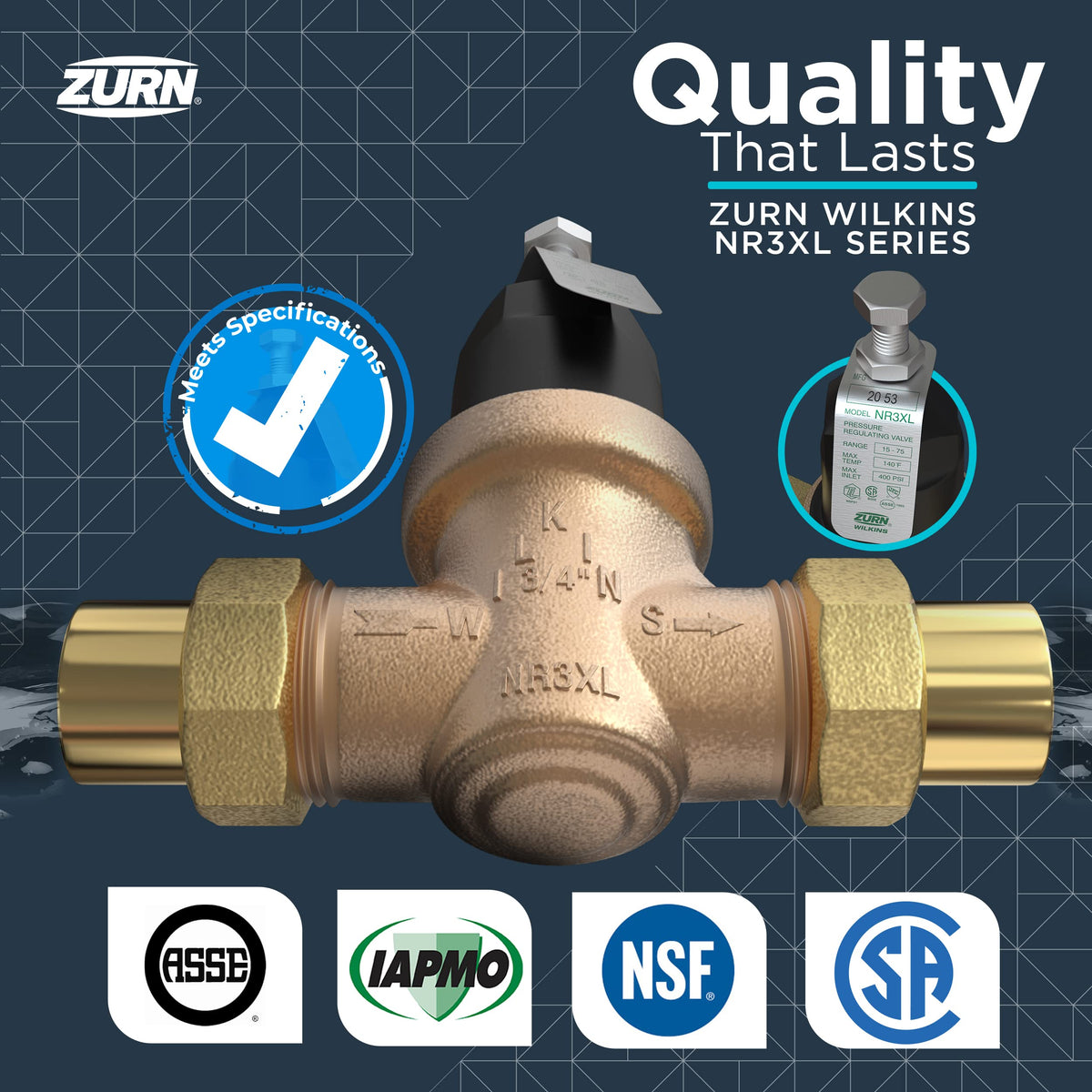 Zurn Wilkins 114-NR3XLDUC 1-1/4" NR3XL Pressure Reducing Valve with Double Union FNPT Copper Sweat Connection