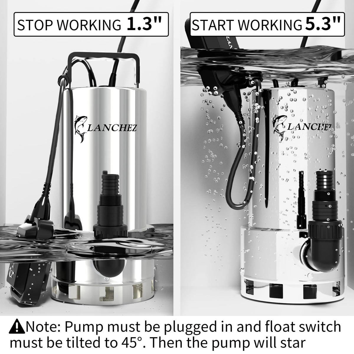 LANCHEZ 1.6HP 6000GPH Sump Pump, Stainless Steel High Flow Submersible Water Pump with Float Switch, Automatic Transfer Water Pump for Swimming Pool Basement Flooded Pit Sewage Sink Tub, Silver