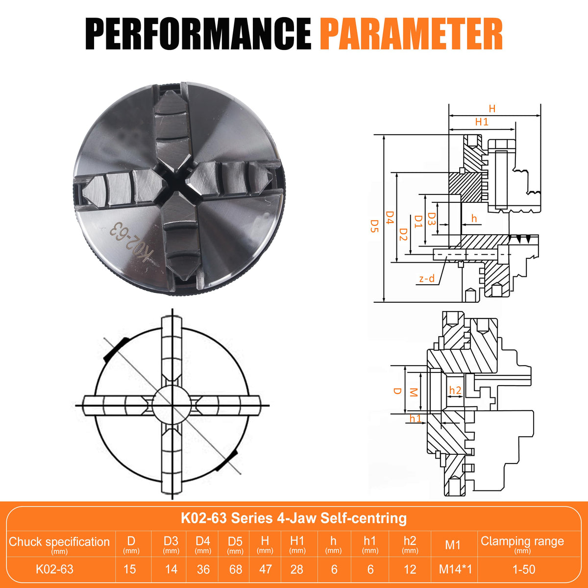 RATTMMOTOR No powered Multi-function Lathe chuck spindle assemblies 895 Motor Rotary Lathe Woodworking Spindle Motor Chuck 63mm for CNC Lathe Grinder machine Table Saw (4 Jaw 63mm)