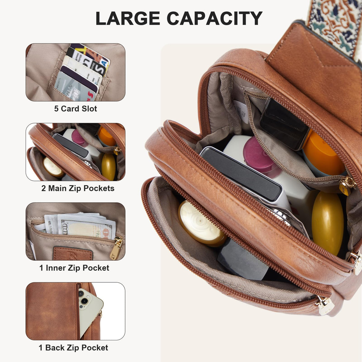 BOSTANTEN Sling Bag Quilted Crossbody Bags for Women Cross Body Purse PU Leather Fanny Pack with Adjustable Guitar Strap