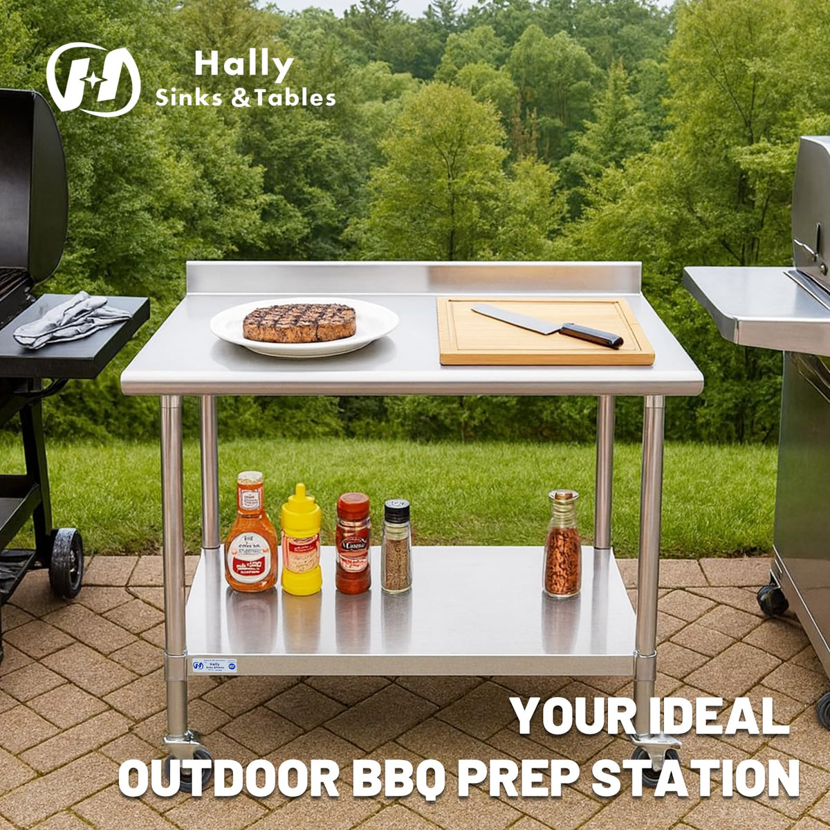 Hally Stainless Steel Table for Prep & Work 24 x 48 Inches with Caster Wheels, NSF Commercial Heavy Duty Table with Undershelf and Backsplash for Restaurant, Home and Hotel