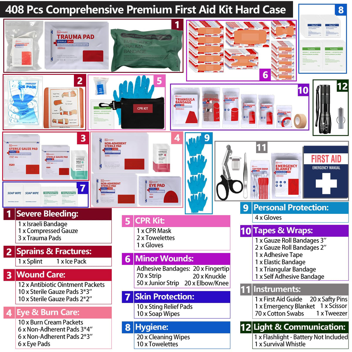 Hard Case First Aid Kit 408 Pcs - Wall Mountable Trauma Kit for Car, Home, Office & Truck - Comprehensive Large First Aid Supplies with Color-Coded Labelled Compartments