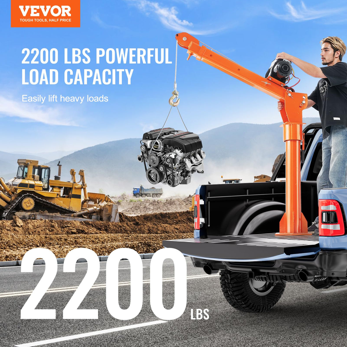 VEVOR 2200 lbs Electric Pickup Truck Crane with Electric Winch 6000 lbs 12V, Folding Truck-Mounted Bed Crane, Steel Pickup Truck Jib Crane Hoist 360° Swivel for Lifting Goods in Construction, Factory