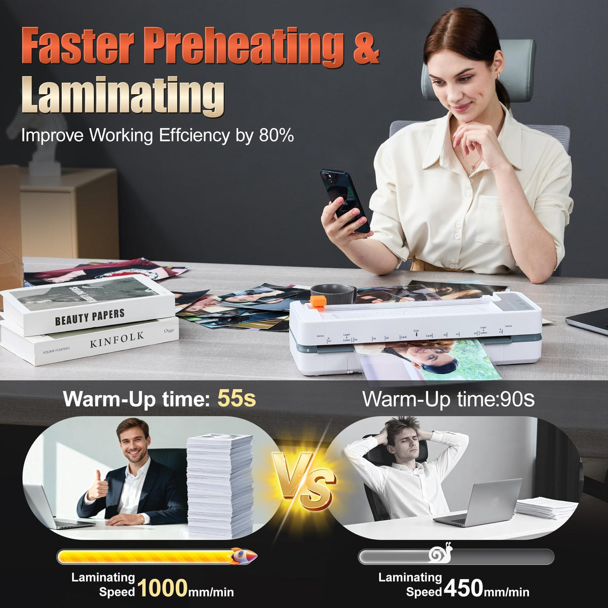 13" 4-Roller Commercial Laminator Machine,3-10 Mil Thickness Laminating Machine,Fast 55s Warm-Up&1000mm/min Laminating Speed for Laminating 11x17&A3 Size,Includes 30 Sheets for Office,School(White)