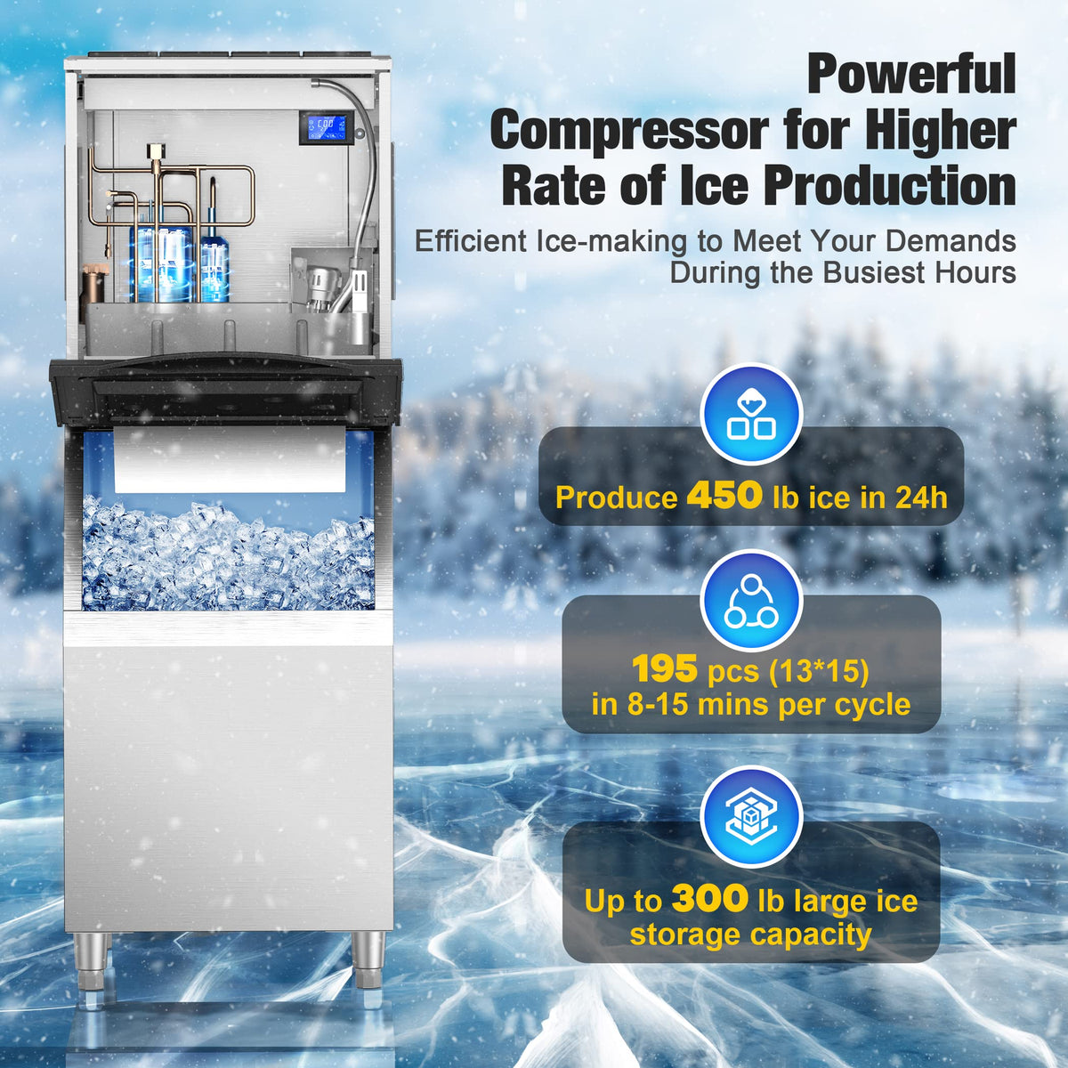 Coolski Commercial Ice Maker Machine 450LBS/24H, 22'' Wide Ice Machine with 300LBS Large Storage Bin, Clear Ice Cubes Air Cooled Stainless Steel Ice Maker for Restaurant/Bar/Cafe/Business