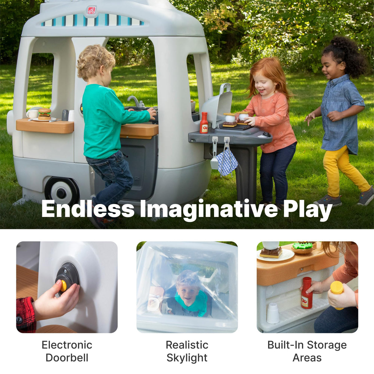 Step2 Adventure Camper Kids Playhouse, Indoor/Outdoor Playset with Kitchenette, Interactive Doorbell Sounds, 52-Piece Toy Accessories, Durable Plastic, For Toddlers 2+ Years