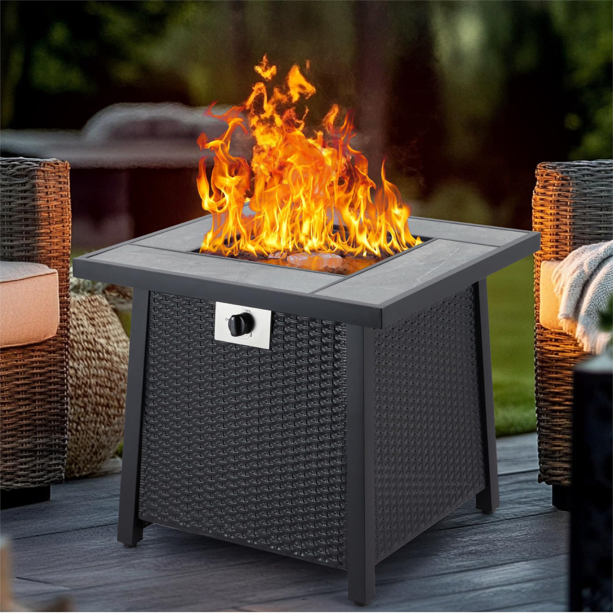 28 Inch Propane Fire Pit Table, 50000BTU Rectangle Fire Table with Cover, Sturdy Steel and Iron Fence Surface, CSA Safety Certified, Companion for Your Garden