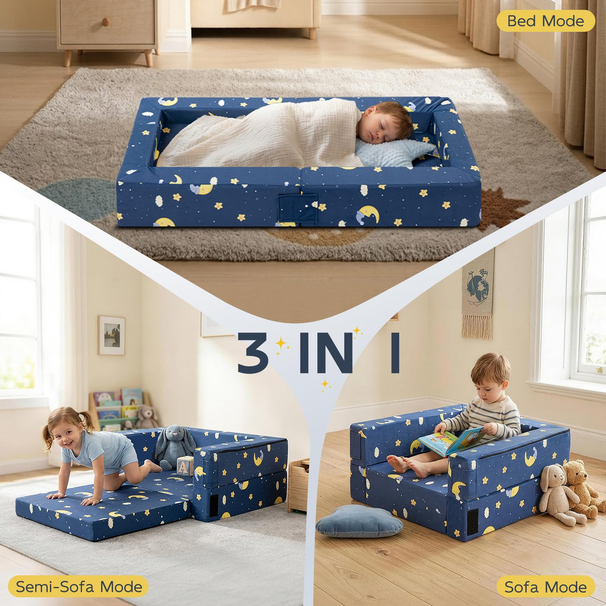 FRUITEAM Portable 3-in-1 Toddler Travel Bed, Soft Fabric & High-Density Foam, Easy-Clean Machine Washable Cover with Moon Star Cloud Print for Camping & Indoor/Outdoor Use - Blue