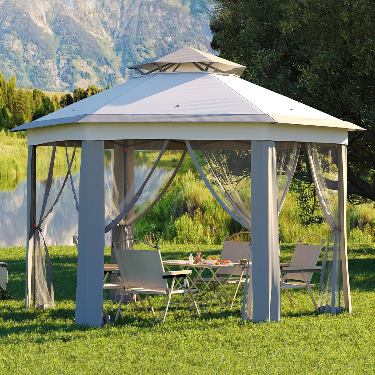Garvee Pop Up Gazebo Screen Tent,Hexagonal Instant Gazebo Tent with Mosquito Netting Outdoor Canopy,6 Sided Sun Shelter 13x13ft with Mesh Netting,Pavilion Tents for Patio,Light Gray+Dark Gray