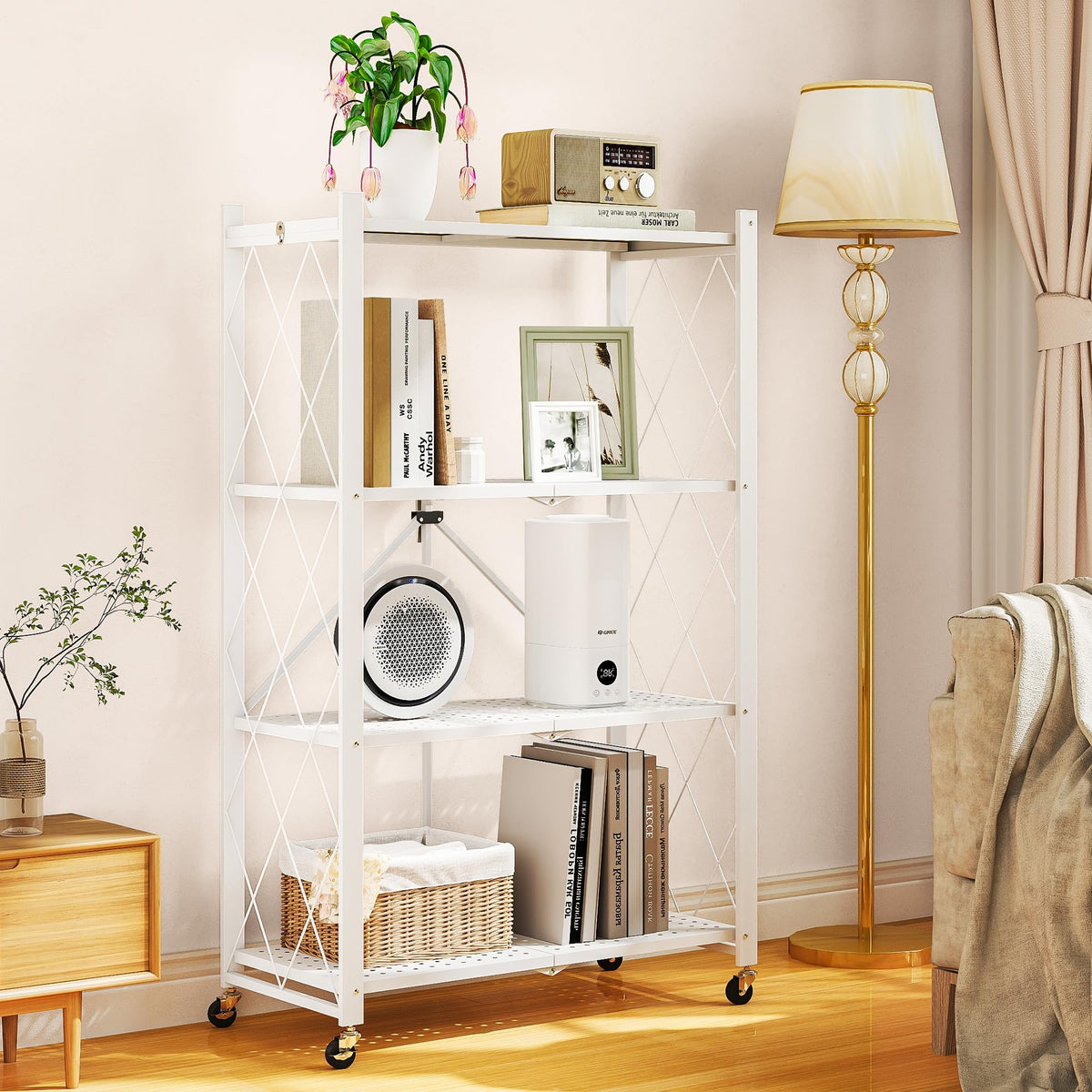 4 Tier Shelf Foldable Storage Shelf w/360° Movement Wheels, No Assemble Shelving Storage, Heavy Duty Folding Shelves, Garage Shelf Storage Organizer for Laundry, Kitchen, Utility Room(White, 4Tier)