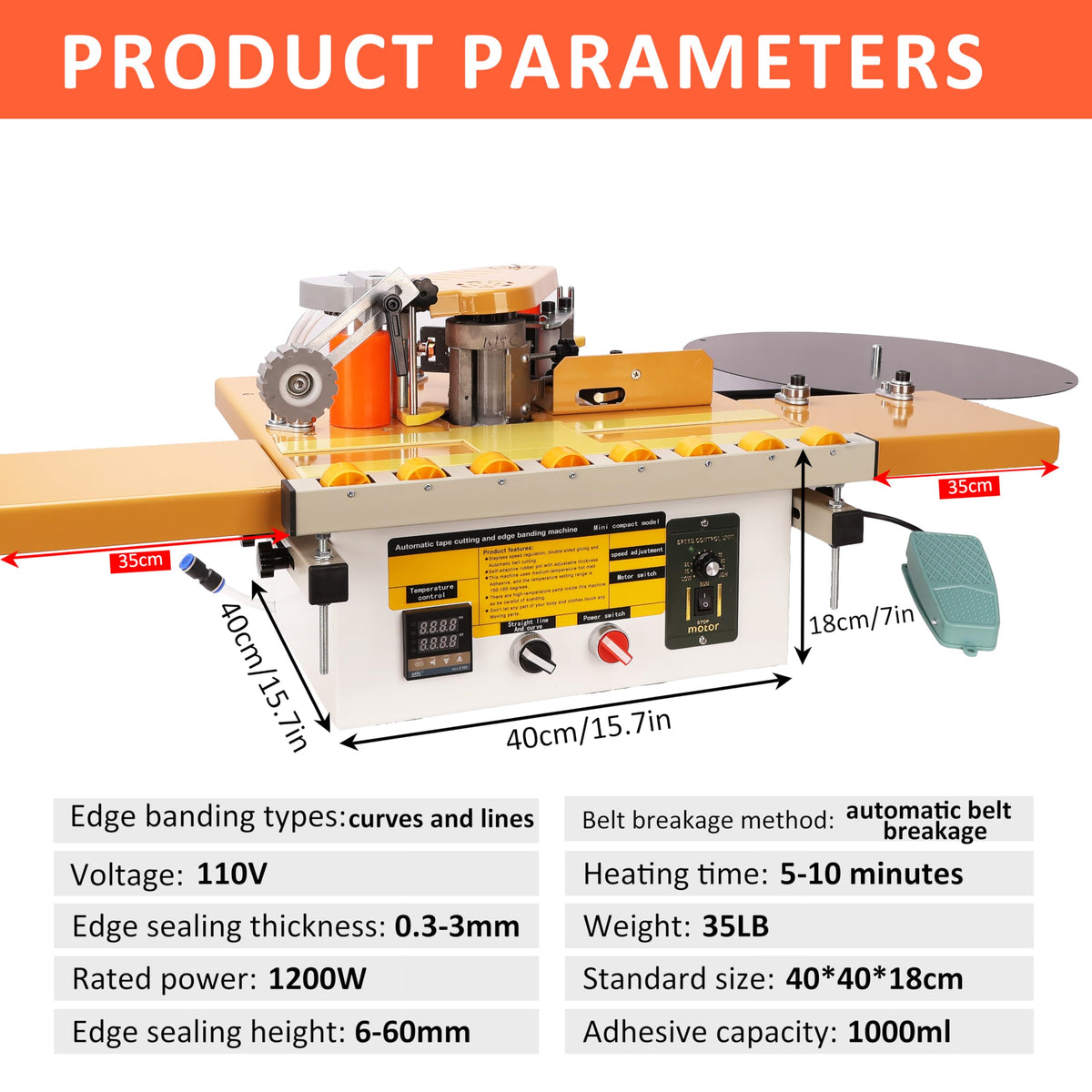 Edge Banding Machine, Portable Woodworking Edge Bander Curve Straight, Dual-Side Glue Application, Automatic Tape Breaking&Intelligent Temperature Control & Adjustable Speed 5-10m/min (110V)