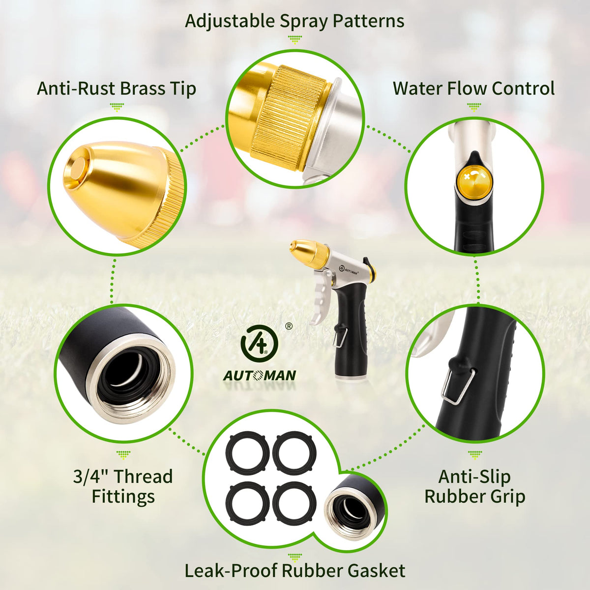 AUTOMAN Metal Hose Nozzle, High Pressure Garden Hose Sprayer, 100% Metal Water Hose Nozzle, Adjustable Watering Nozzle, Heavy Duty Garden Nozzle for Watering Plants & Lawns, Washing Cars & Pets