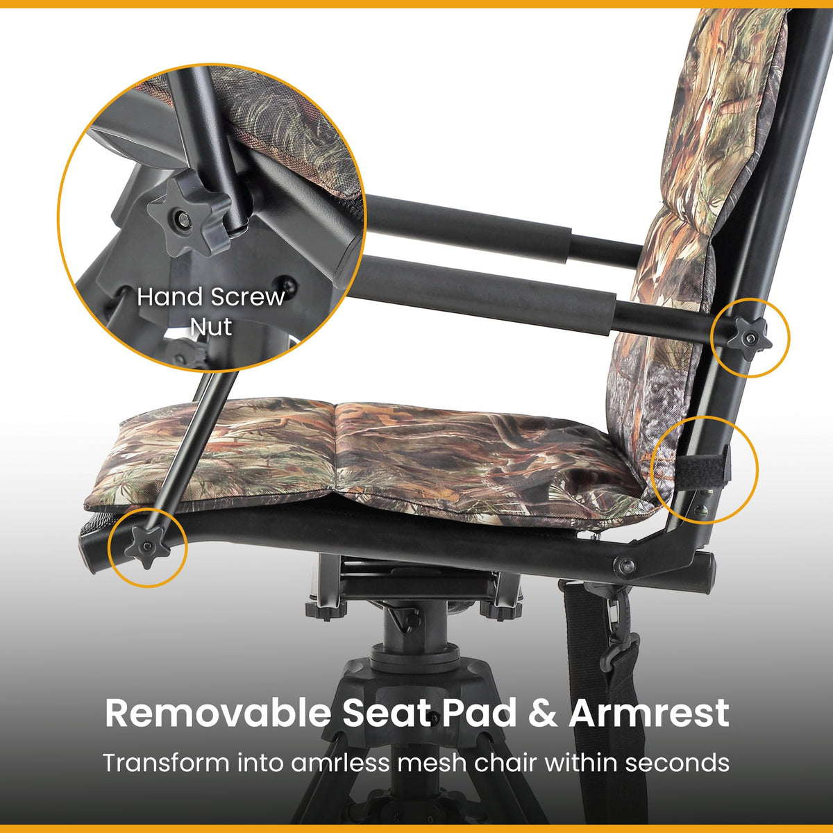 ARROWHEAD OUTDOOR Wide Folding 360° Hunting Swivel Blind Chair with Removable Camouflage Seat Pad, Armrest, No-Sink Feet, Shoulder Strap, Mesh Chair, Adjustable Height