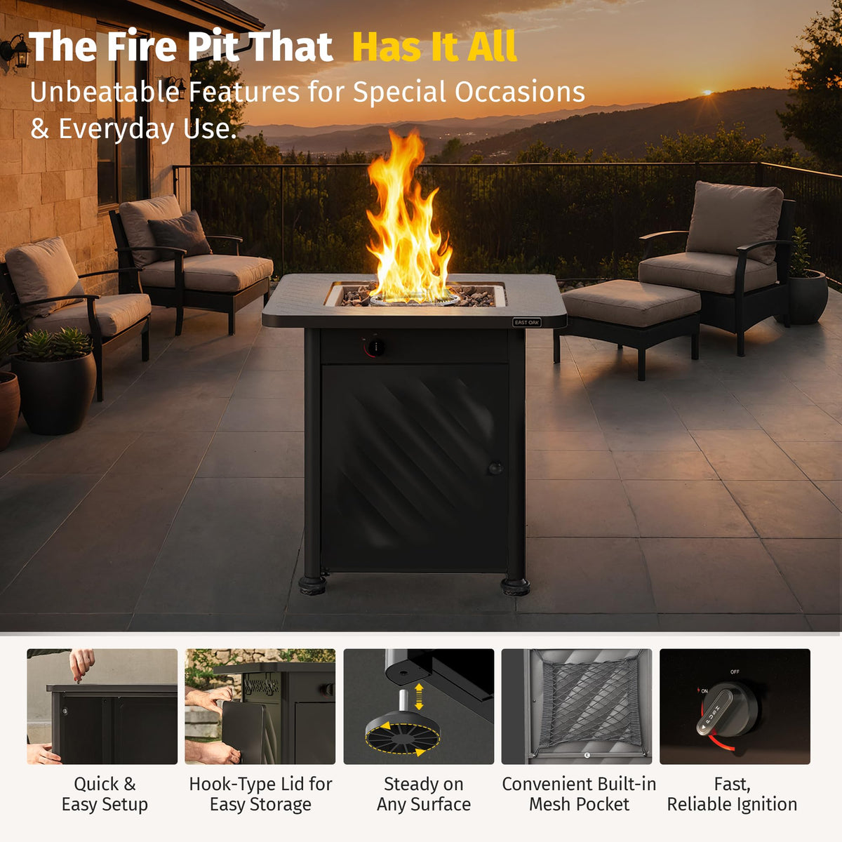 East Oak 28” Outdoor Propane Fire Pit Table | 52,000 BTU Gas Fire Pit for 2-4 People with Space-Saving Hock Lid, Mesh Pocket & Lava Rocks | CSA Certified Safe for Patio, Deck, Backyard, Black