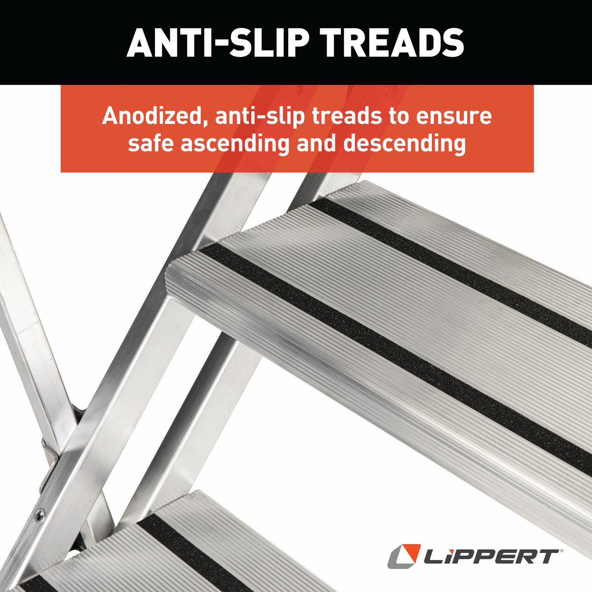 Lippert Victory Step Triple RV Steps for Toy Hauler Patio Systems with Entry Assist Handrail, 300-lb. Weight Capacity, 8" Rise, Anti-Slip Treads, Adjustable Legs/Step Pitch, Easy Storage - 2023024500