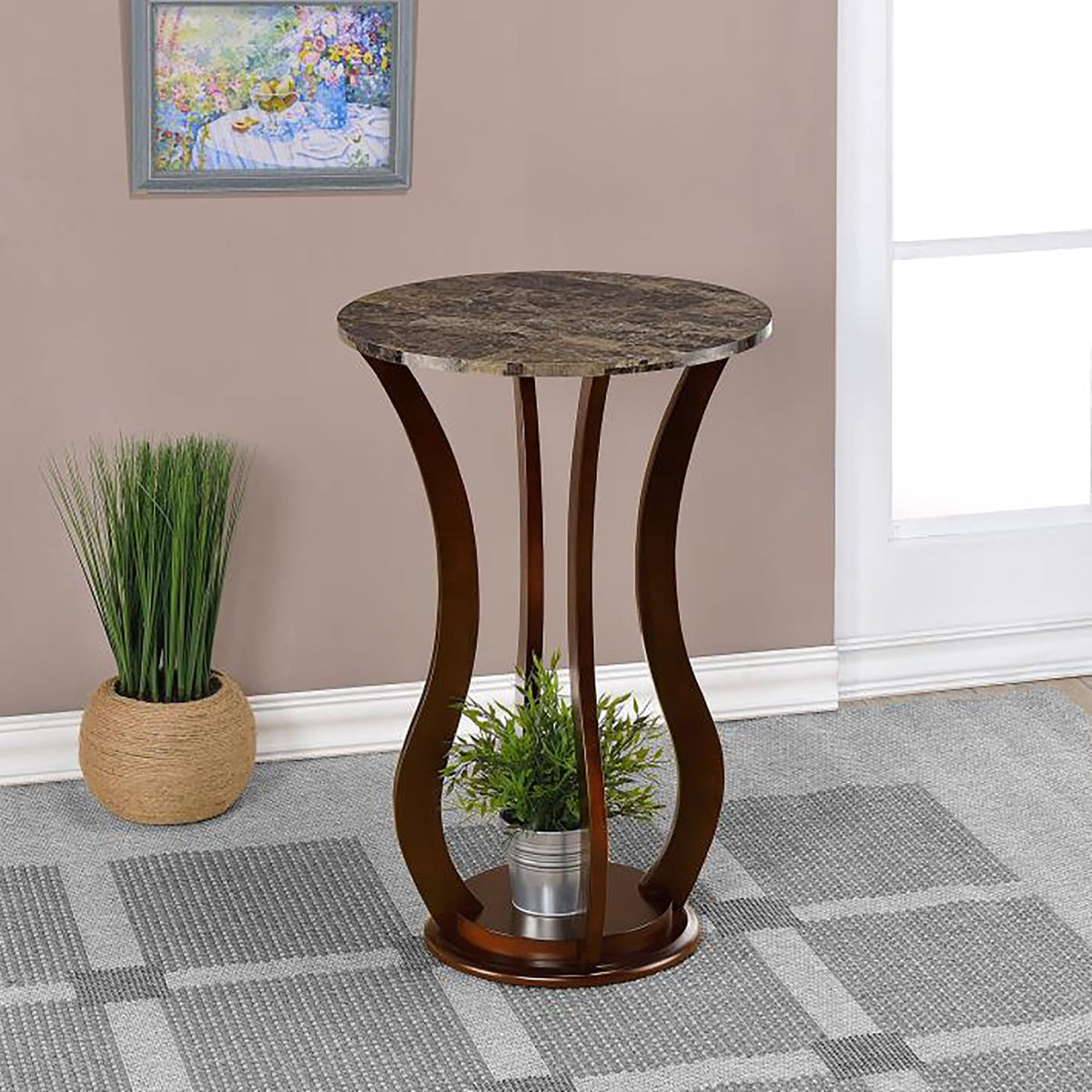 Kaimei Accent Table, 28.5 inch Round Plant Stand with Faux Marble Top and Wooden Base for Living Room
