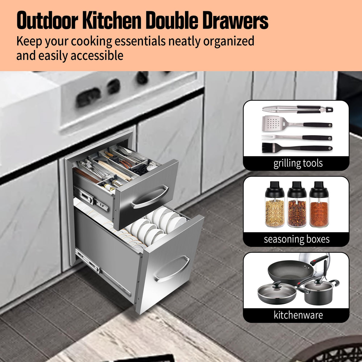 KODOM Outdoor Kitchen Double Drawers 13W x 20H x 21D Inch, Flush Mount Access BBQ Island Drawers for Outdoor Kitchens or Patio Grill Station