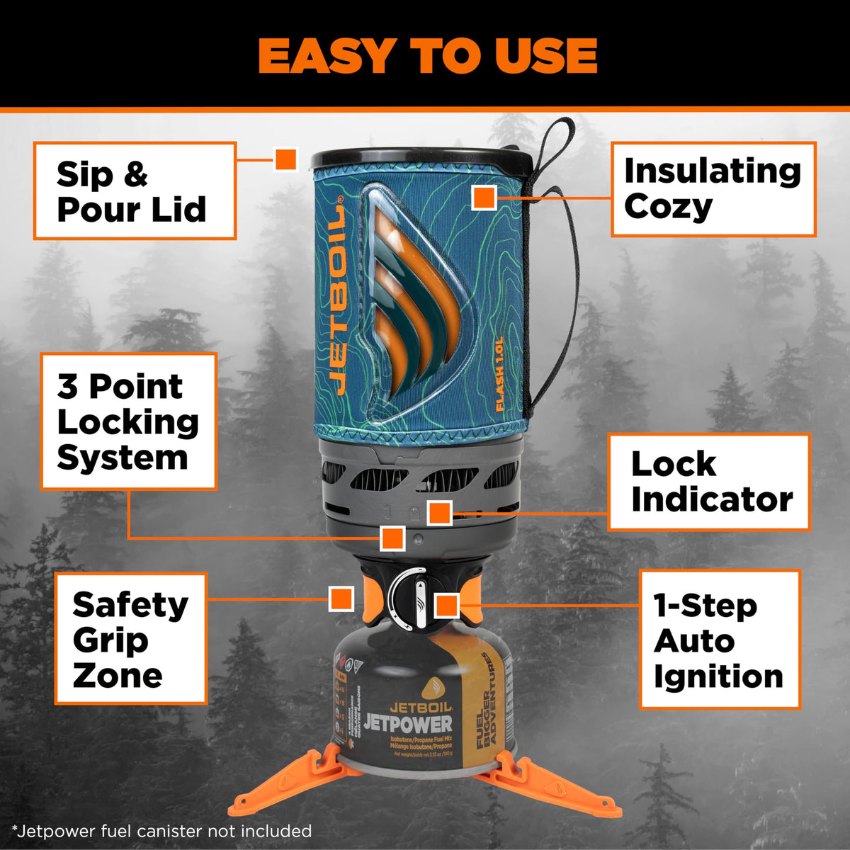 Jetboil Flash 1.0L Portable Fast Boil Stove for Camping and Backpacking with 1-Step Auto Ignition, Propane/Isobutane Burner with Cooking Cup, Ocean Topo