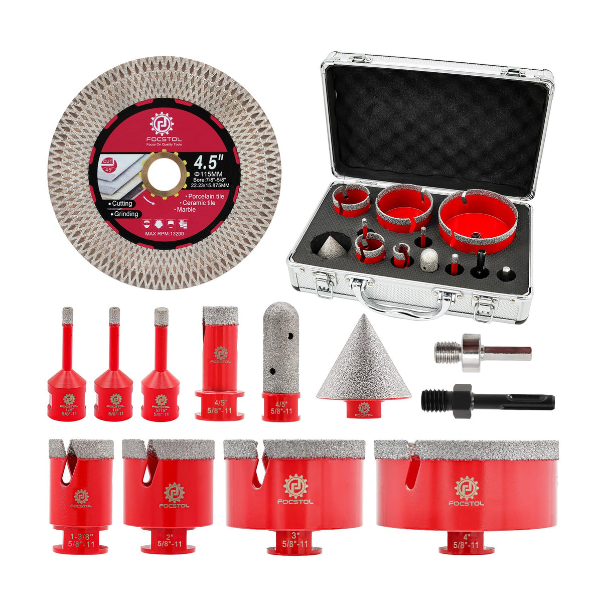 Diamond Tile Hole Saw Kit 13pcs - (6/6/8/20/35/50/75/100mm+20mm Milling Bit+50mm Beveling Chamfer Bit+Hex+SDS+115mm Saw Blade) Diamond Core Drill Bit Set for Porcelain Tile Ceramic Marble FOCSTOL
