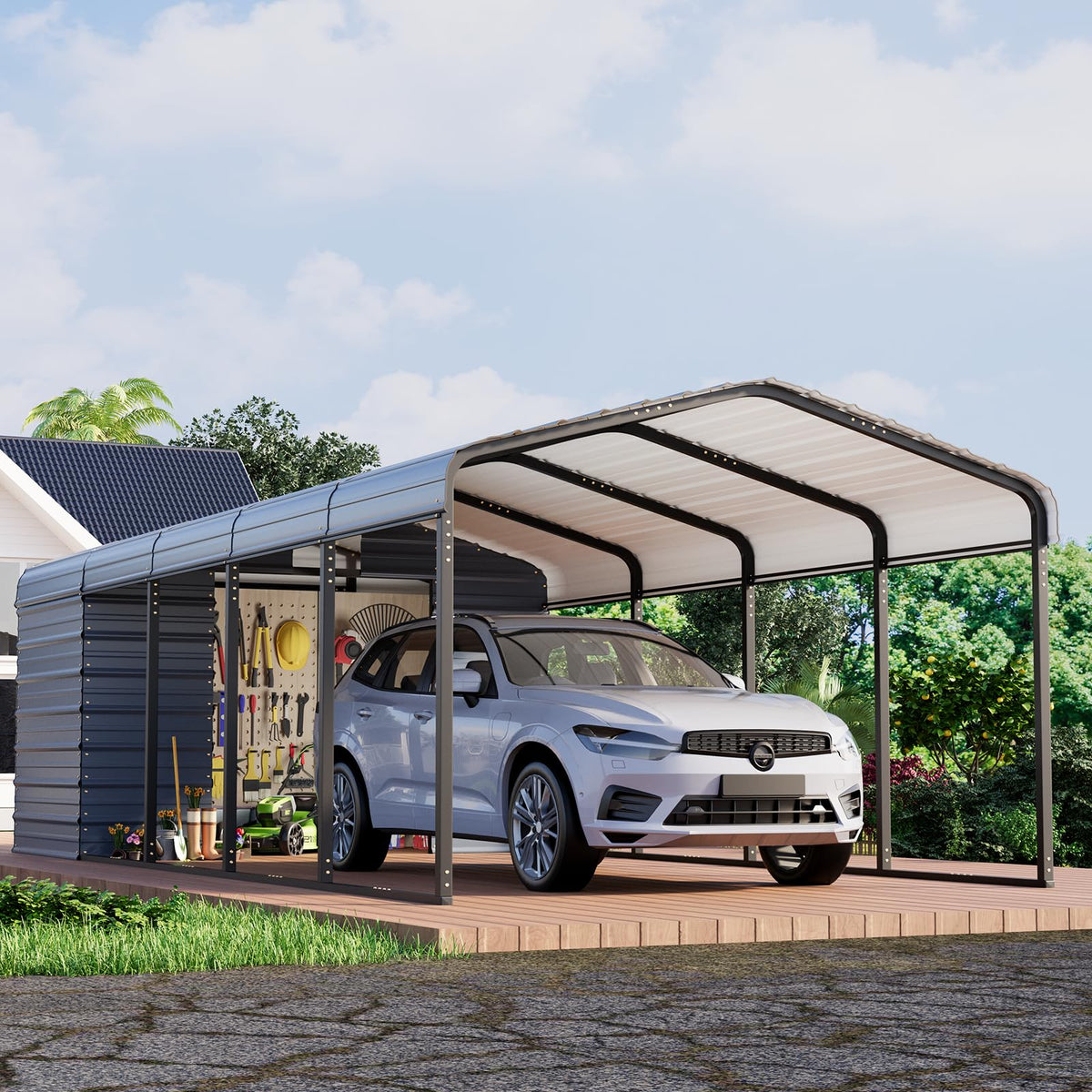 EROMMY 12x25 FT Metal Carport with Side Storage, Heavy Duty Enclosed Carport with Lockable Storage Room, Galvanized Steel Vehicle Shelter for Car, Truck & Tools