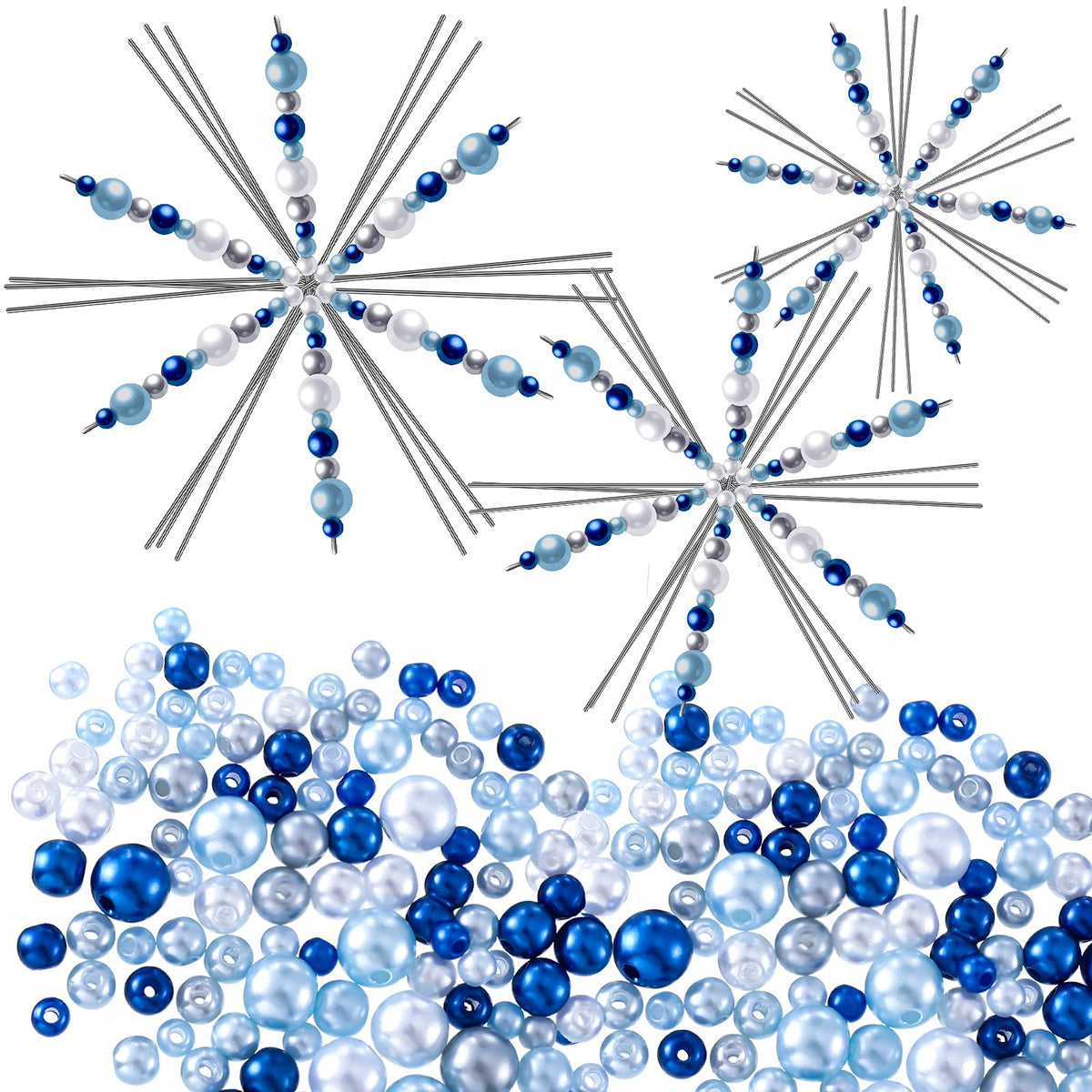 Hotop 24 Pcs Christmas Snowflakes Wire Forms Metal Snowflake Christmas Beads Wire for DIY Jewelry Ribbon Charms with 3 Sizes Mixed Pearl Beads Xmas Ornament Kits(Blue, Silver, White)