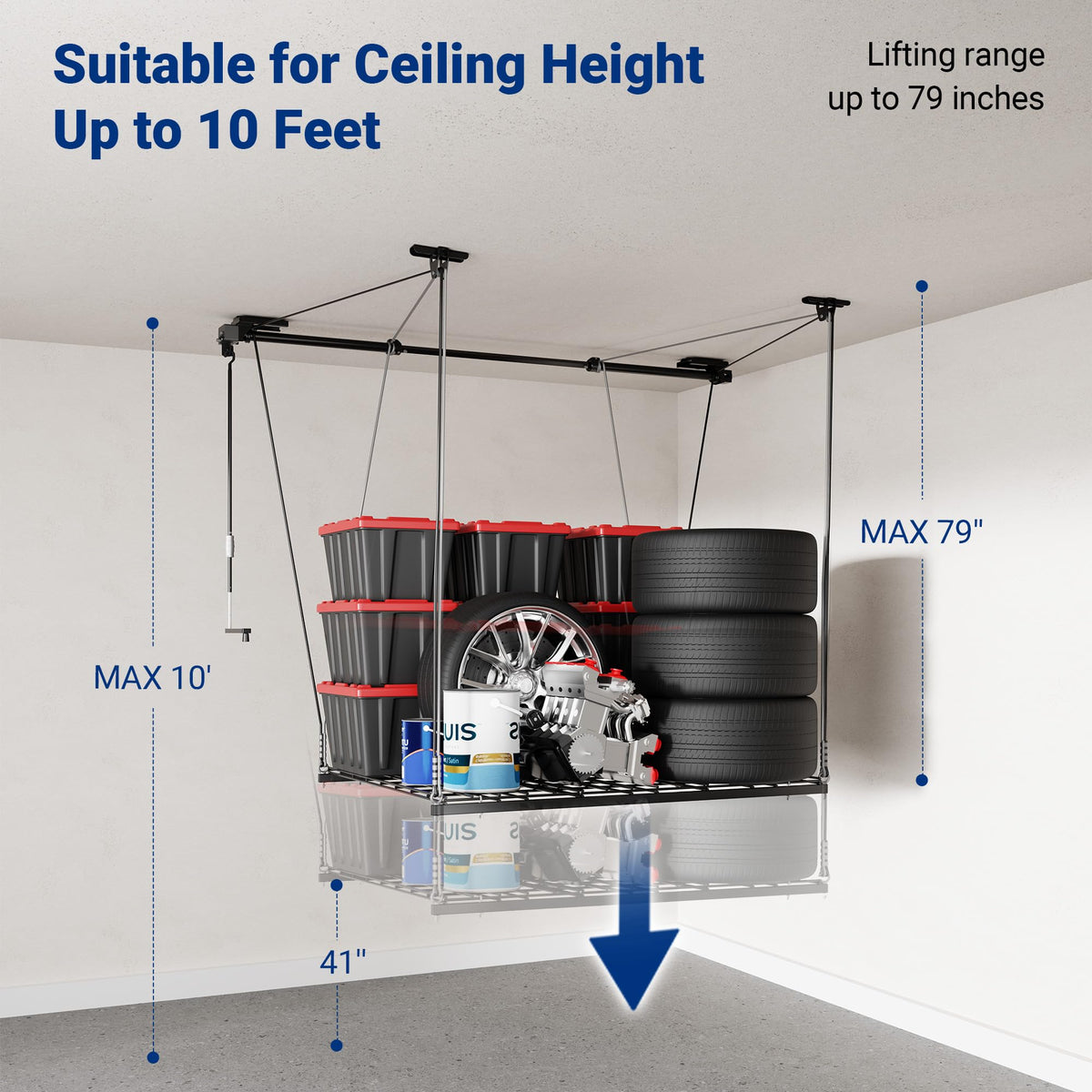 FLEXIMOUNTS GL1 Overhead Garage Lifting Storage Rack, 4x4 Ft Heavy-Duty Metal Garage Ceiling Rack, Adjustable Organization System With 71''L Axle, 350lbs Weight, Black