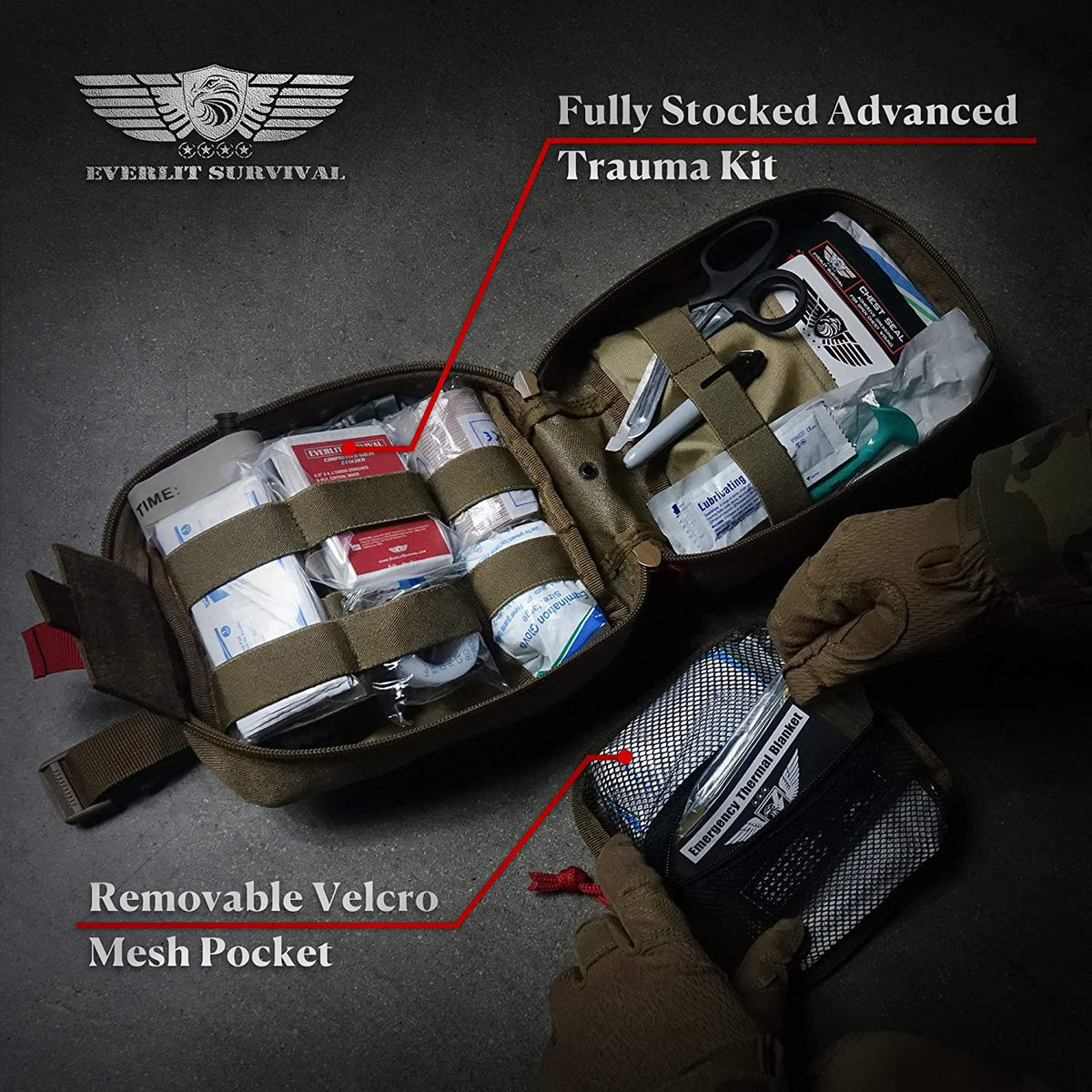 EVERLIT Advanced Emergency Trauma Kit, CAT GEN-7 Tourniquet Mil-Spec Nylon Laser Cut Pouch with 36" Splint, Military Combat Tactical IFAK for First Aid Response Bleeding Control (OD Green)