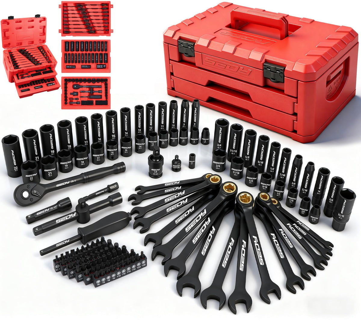 Premium 132-Piece Mechanics Tool Set, SAE/Metric 1/4" & 3/8" Drive Socket Set, Ratcheting Wrenches, Extensions & Adapters, Quick-Release Ratchet, Professional Auto Repair Tool Kit with Storage Case