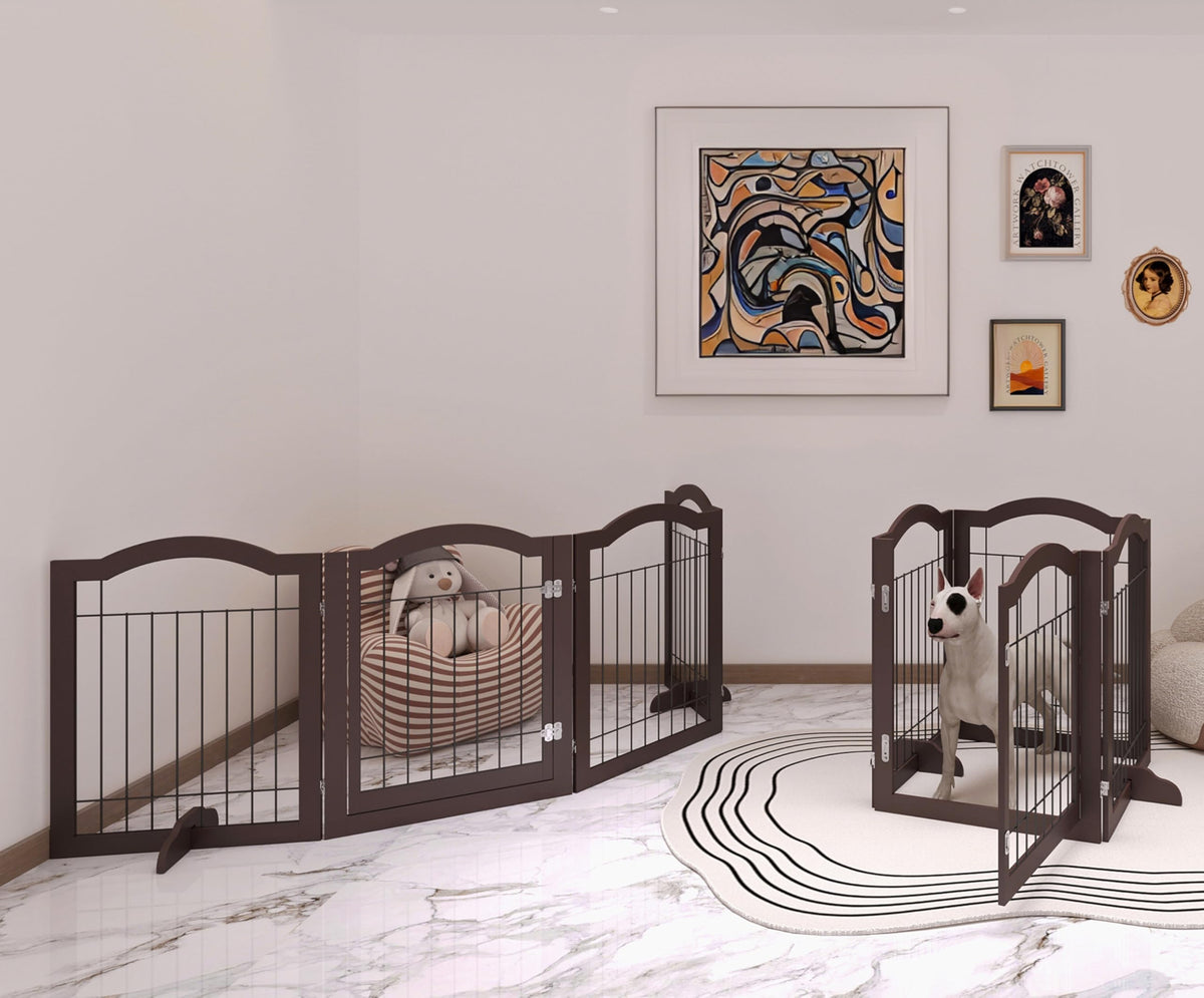 Vantas Folding No-Assembly Dog Door Pet Gate 96" Wide, 30" Tall Wooden Dog Gate with Door Walk Through, Freestanding Wire Pet Gate, Pet Puppy Safety Fence, with 2PCS Support – Espresso